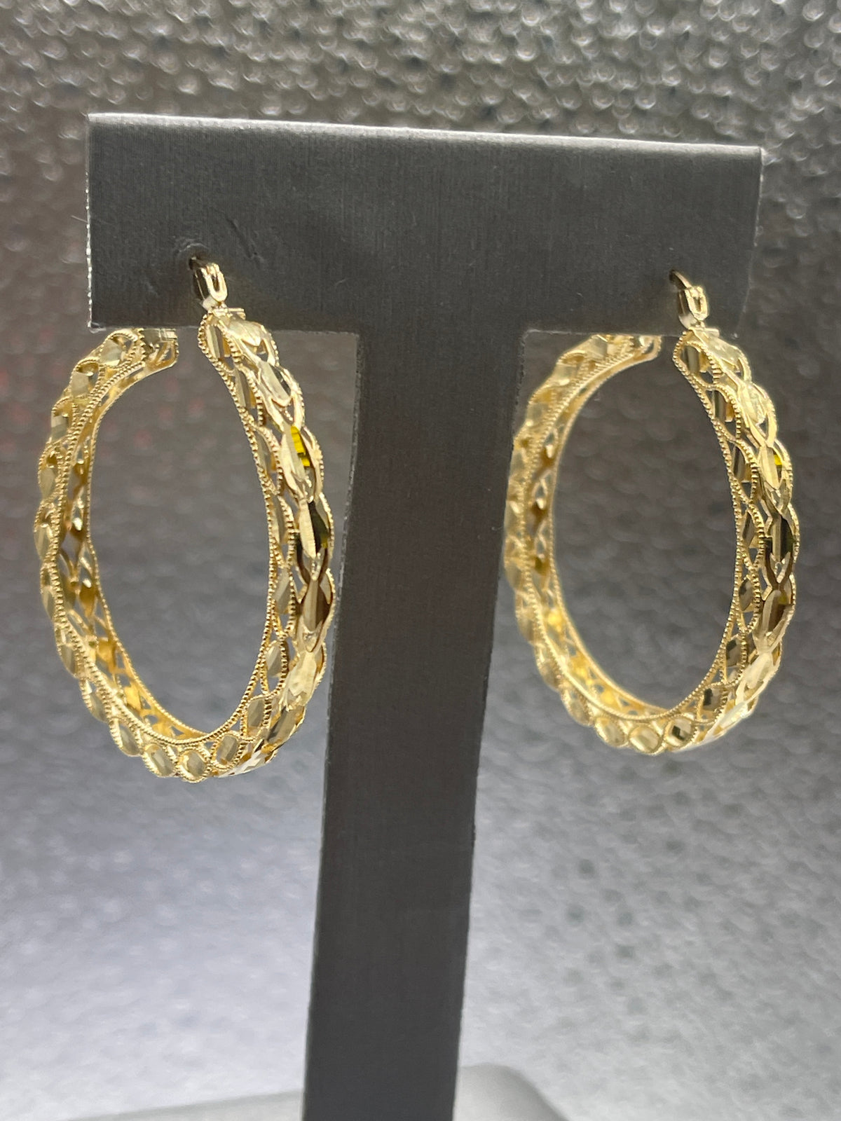 Ladies 10 Karat Solid Yellow Gold Fancy Engraved Hoop Earrings