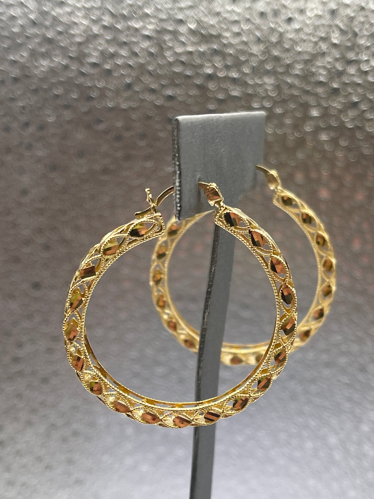 Ladies 10 Karat Solid Yellow Gold Fancy Engraved Hoop Earrings