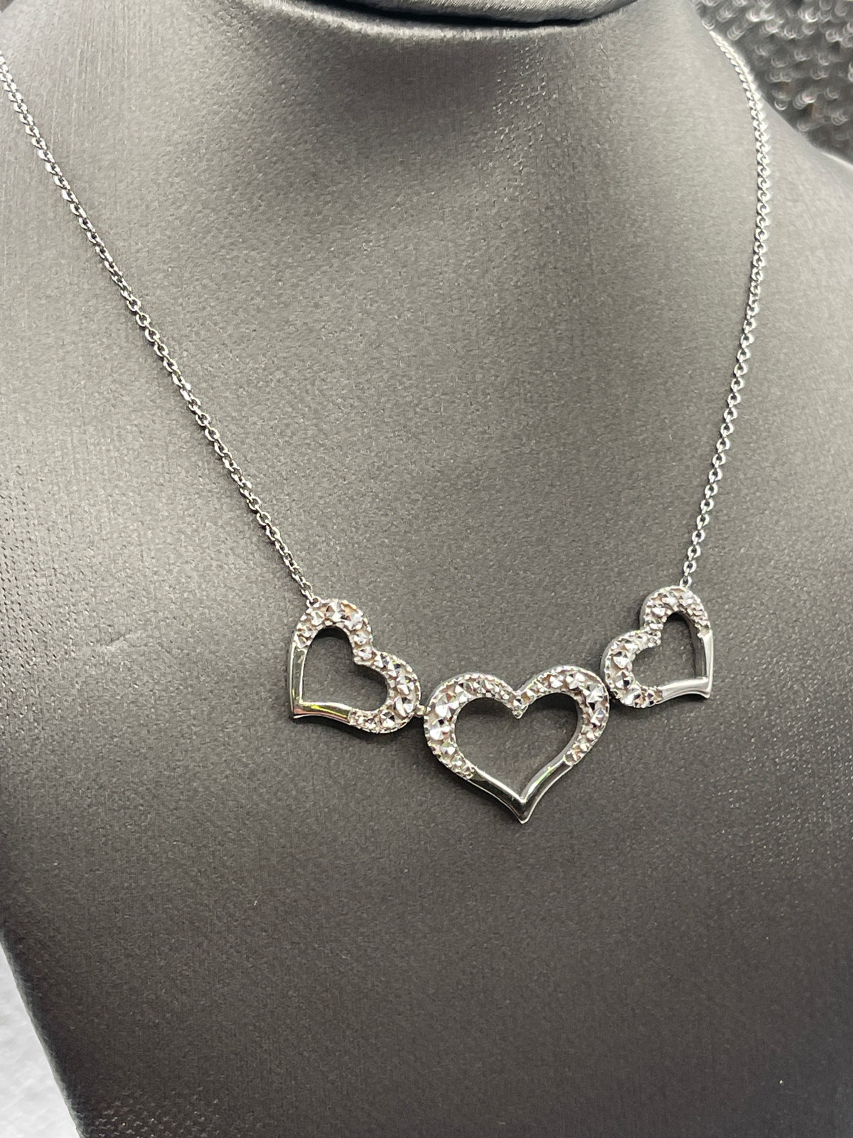 Ladies 14 Karat Solid White Gold Triple Heart Diamond Necklace