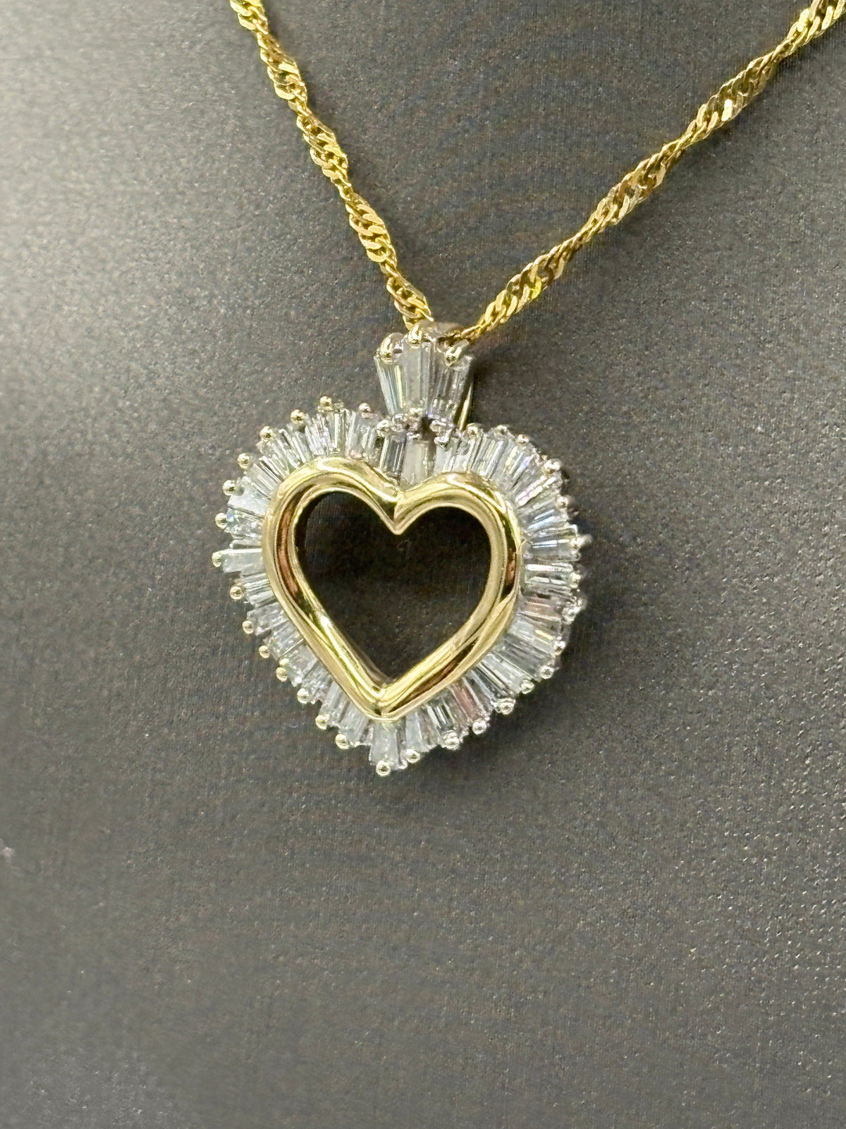 14 Karat Yellow Gold Baguette Diamond Heart Pendant