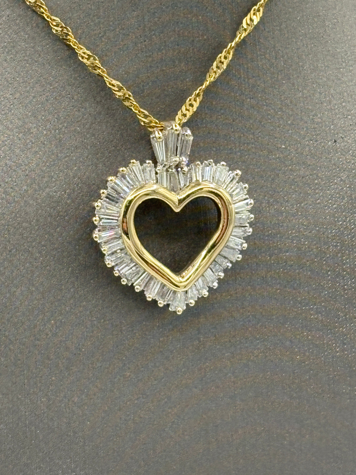14 Karat Yellow Gold Baguette Diamond Heart Pendant