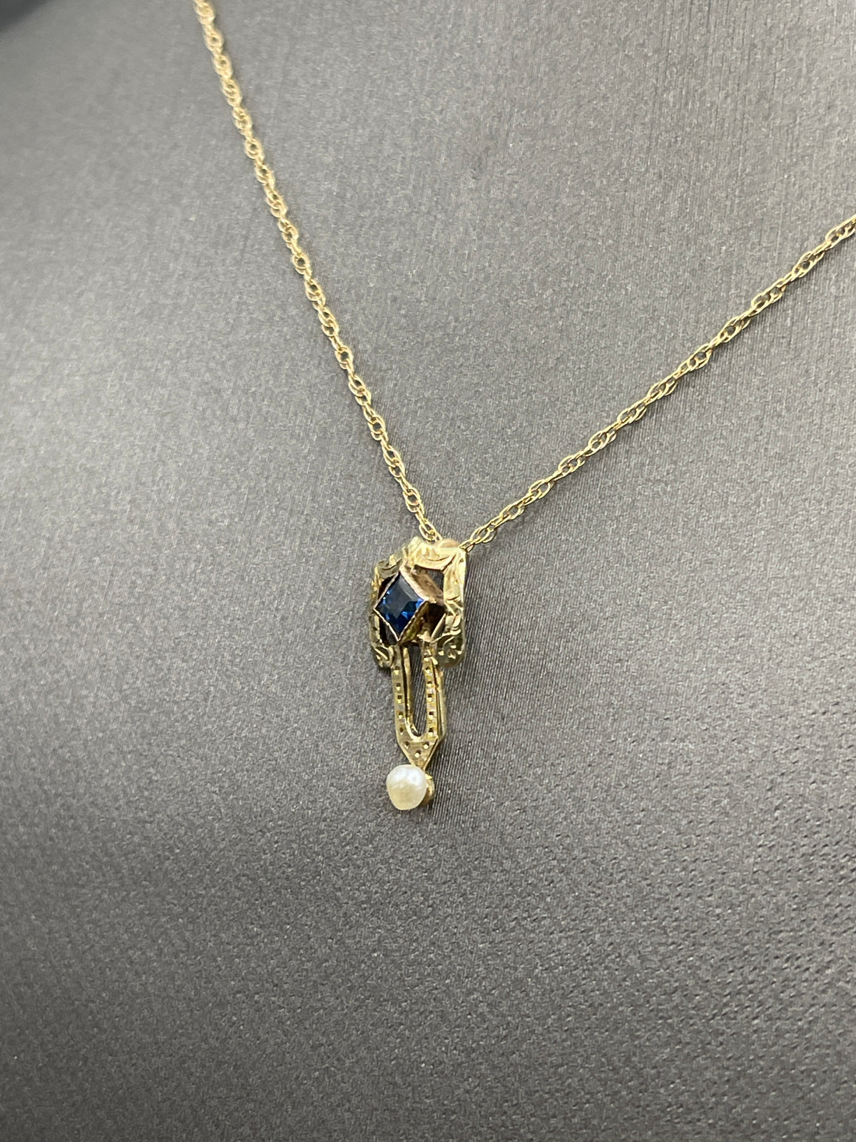 View two of Ladies Antique 14 Karat Yellow Gold Sapphire & Pearl Necklace