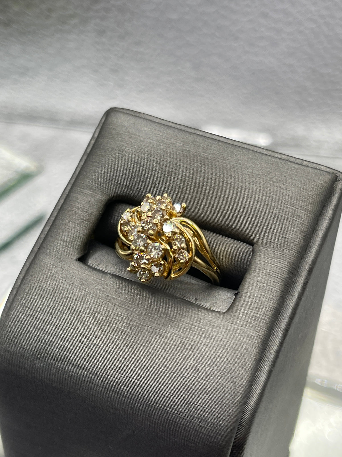 Ladies Gorgeous 14 Karat Yellow Gold Diamond Swirl Floral Cluster Ring