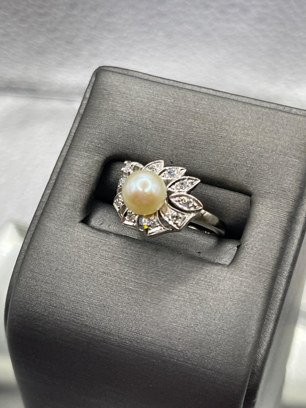 Ladies 14 Karat Solid White Gold Pearl and Diamond Ring