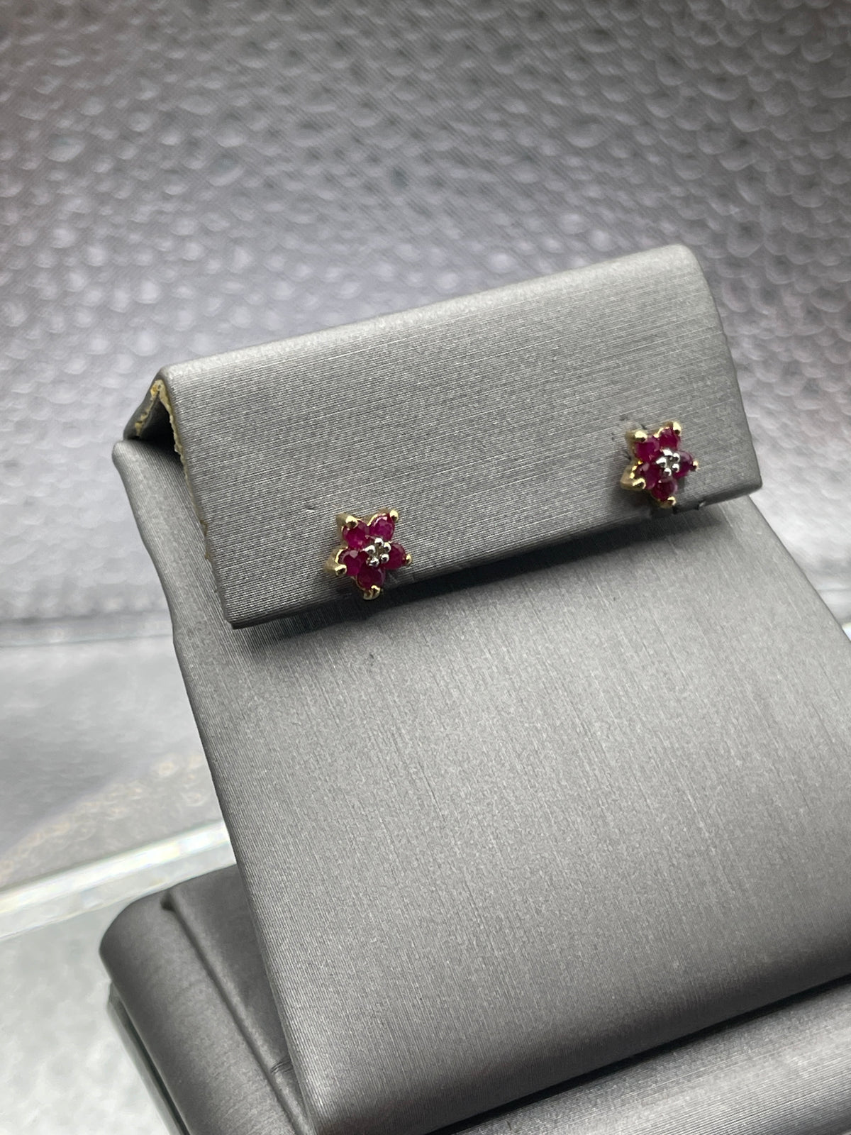Ladies 10 Karat Solid Yellow Gold Ruby and Diamond Stud Earrings