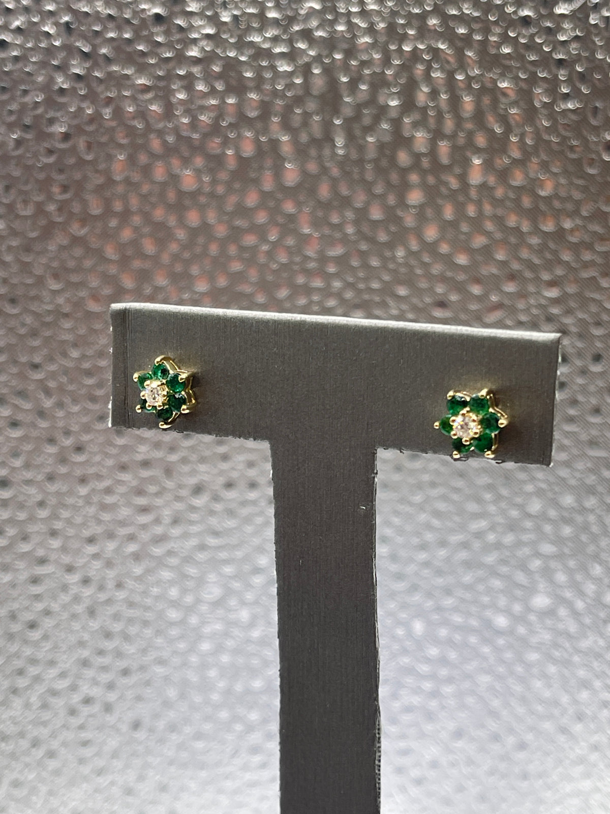 Ladies 14 Karat Solid Yellow Gold Emerald and Diamond Floral Earrings
