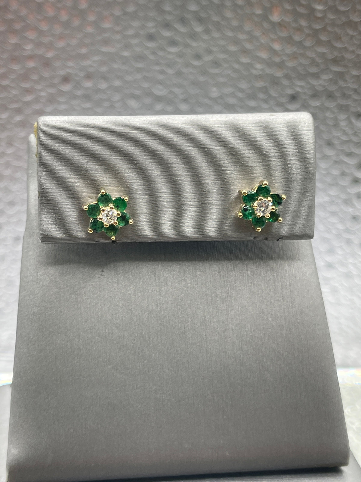 Ladies 14 Karat Solid Yellow Gold Emerald and Diamond Floral Earrings
