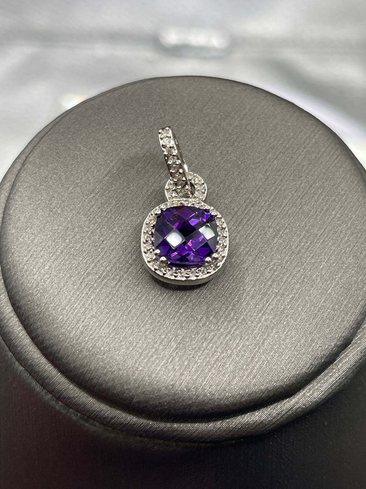 Ladies 10 Karat Solid White Gold Amethyst and Diamond Pendant