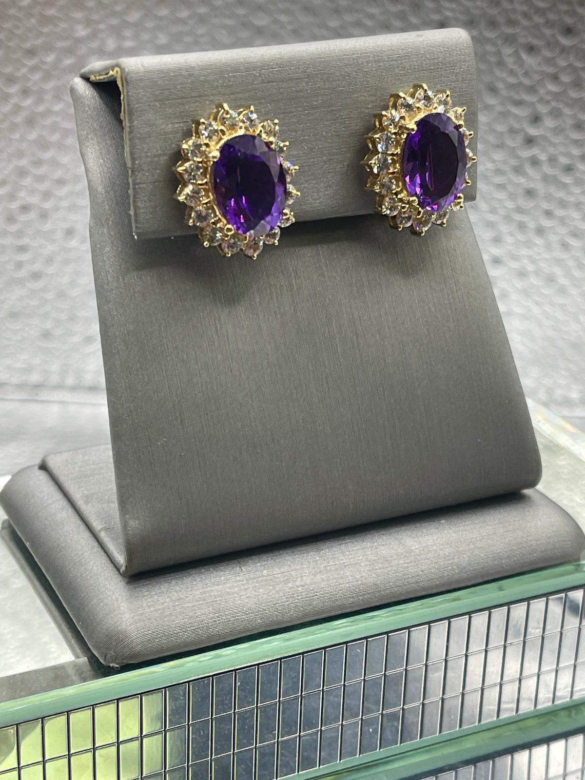 View two of Ladies 14 Karat Oval Yellow Gold Amethyst and Cubic Zircon Earrings