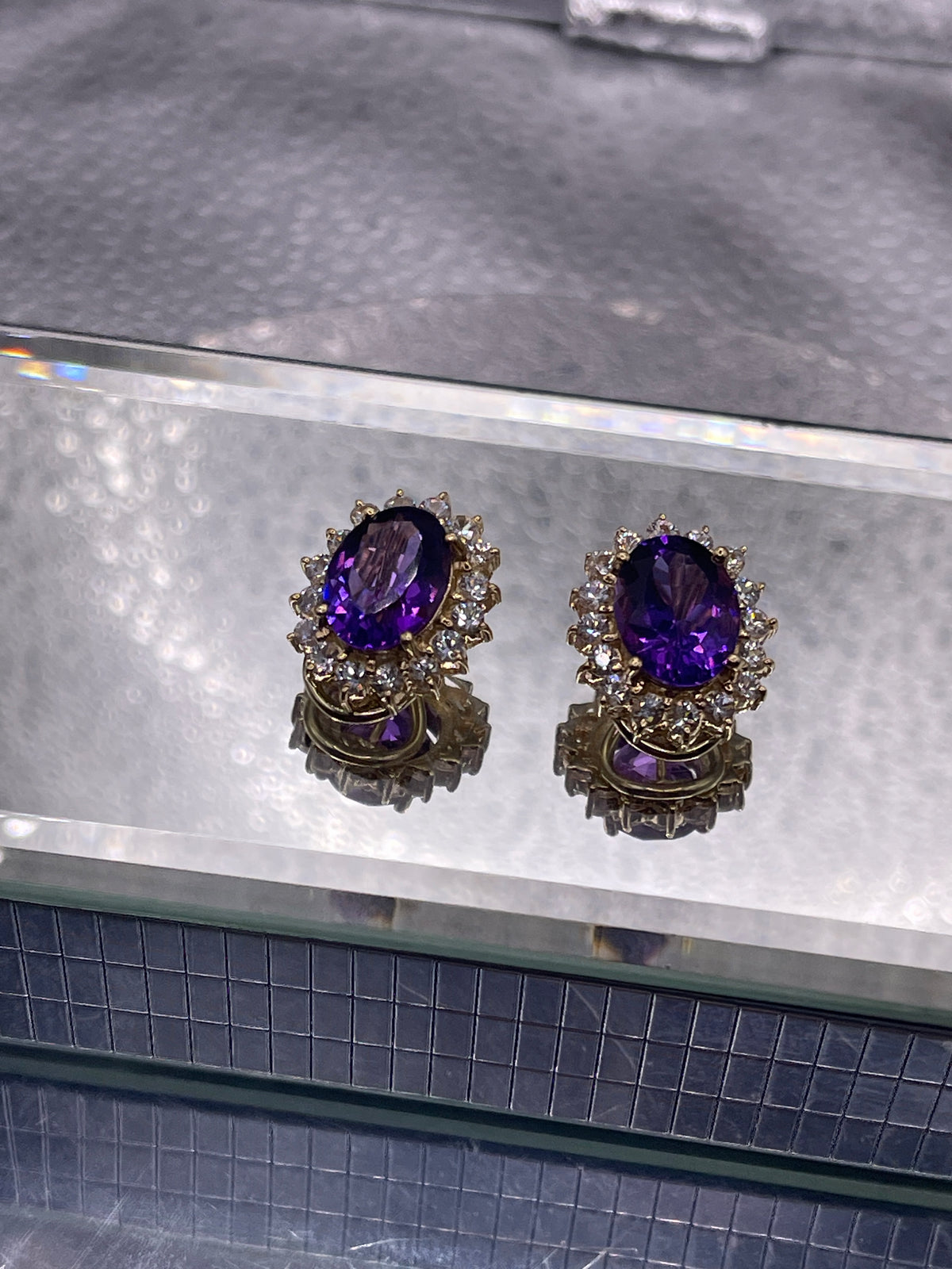 View four of Ladies 14 Karat Oval Yellow Gold Amethyst and Cubic Zircon Earrings