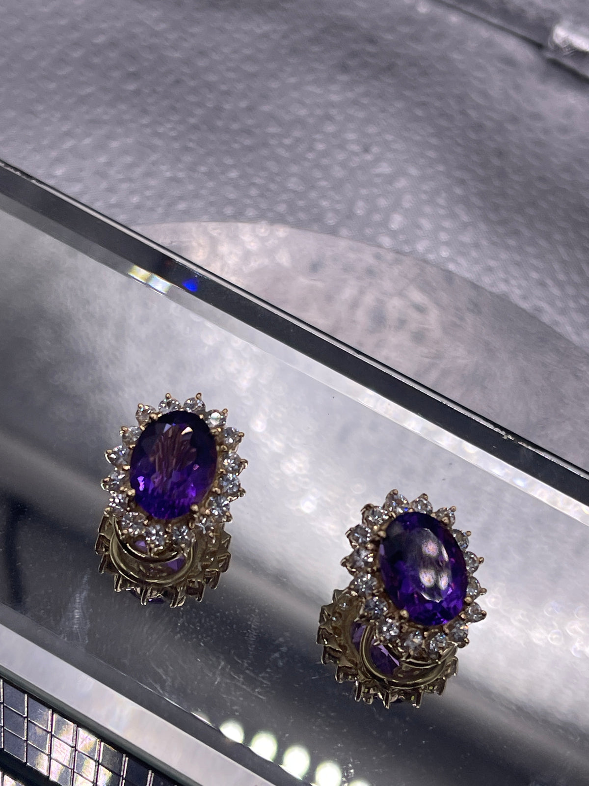 View five of Ladies 14 Karat Oval Yellow Gold Amethyst and Cubic Zircon Earrings