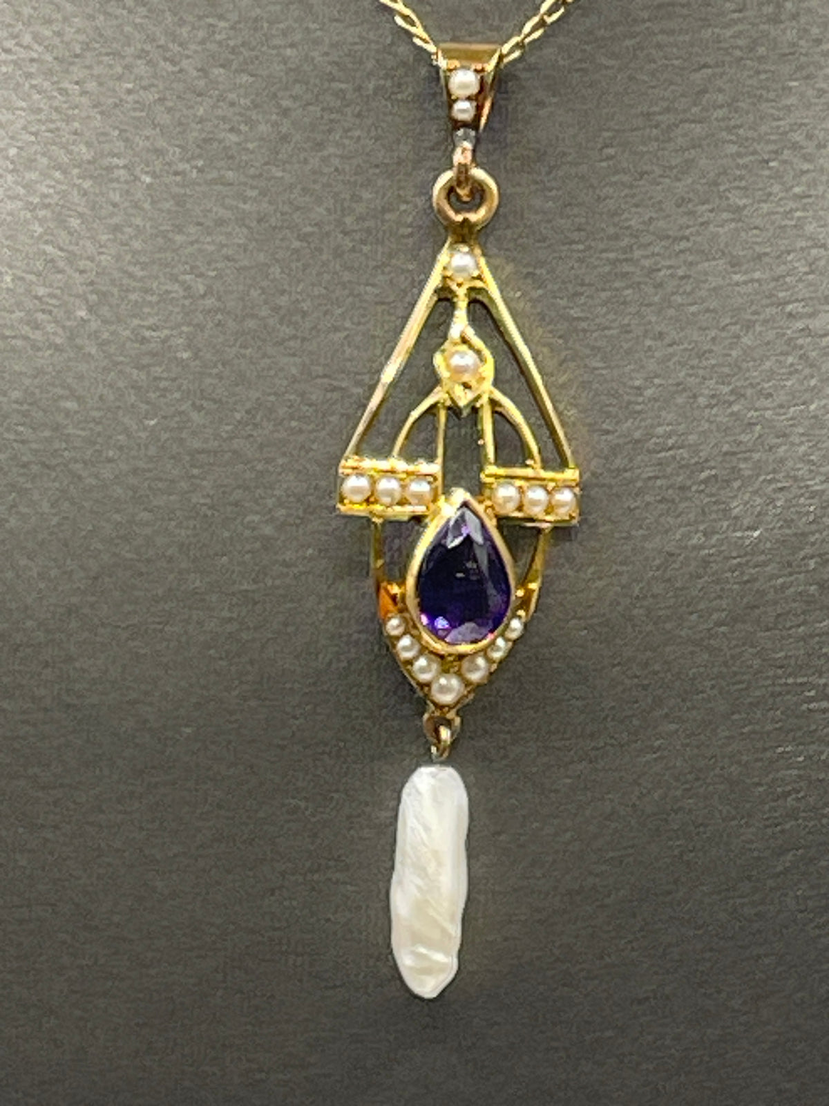 View one of Ladies Antique 10 Karat Solid Yellow Gold Amethyst and Pearl Pendant
