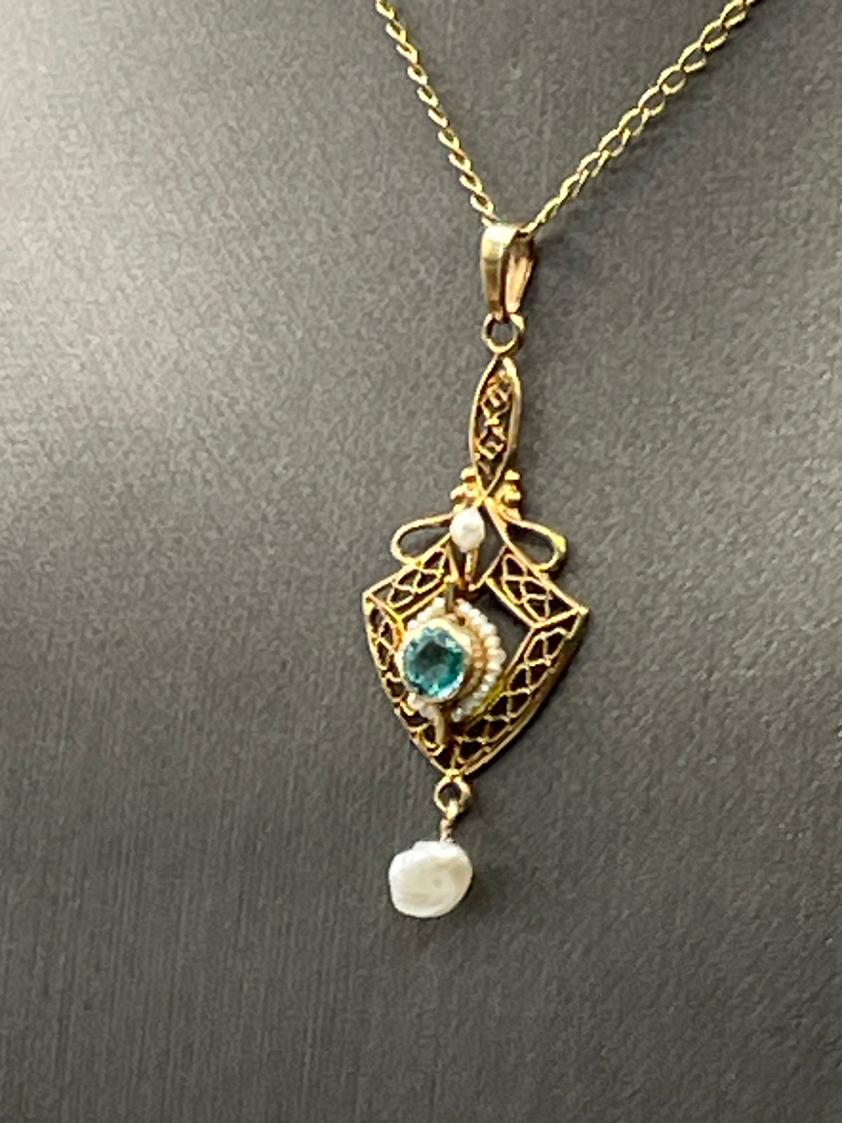 View two of Antique Ladies 10 Karat Solid Yellow Gold Obsidian and Pearl Pendant