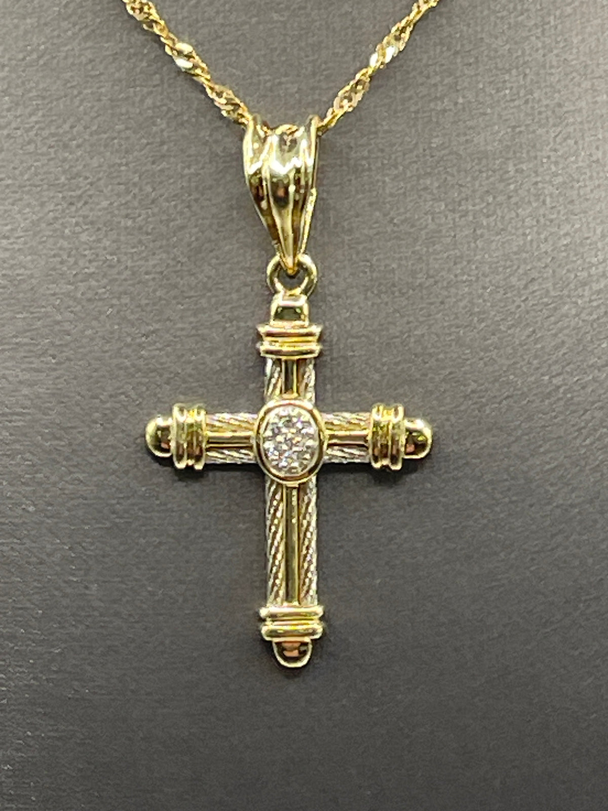 Ladies or Gents 14 Karat Solid Two-Tone Gold and Diamond Cross Pendant