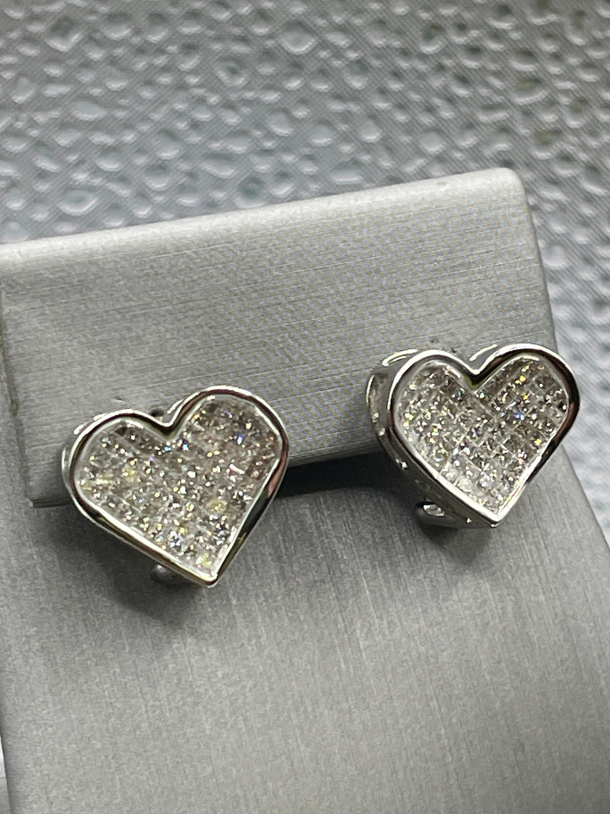 View three of Ladies 10 Karat Solid White Gold Princess Cut Diamond Heart Earrings