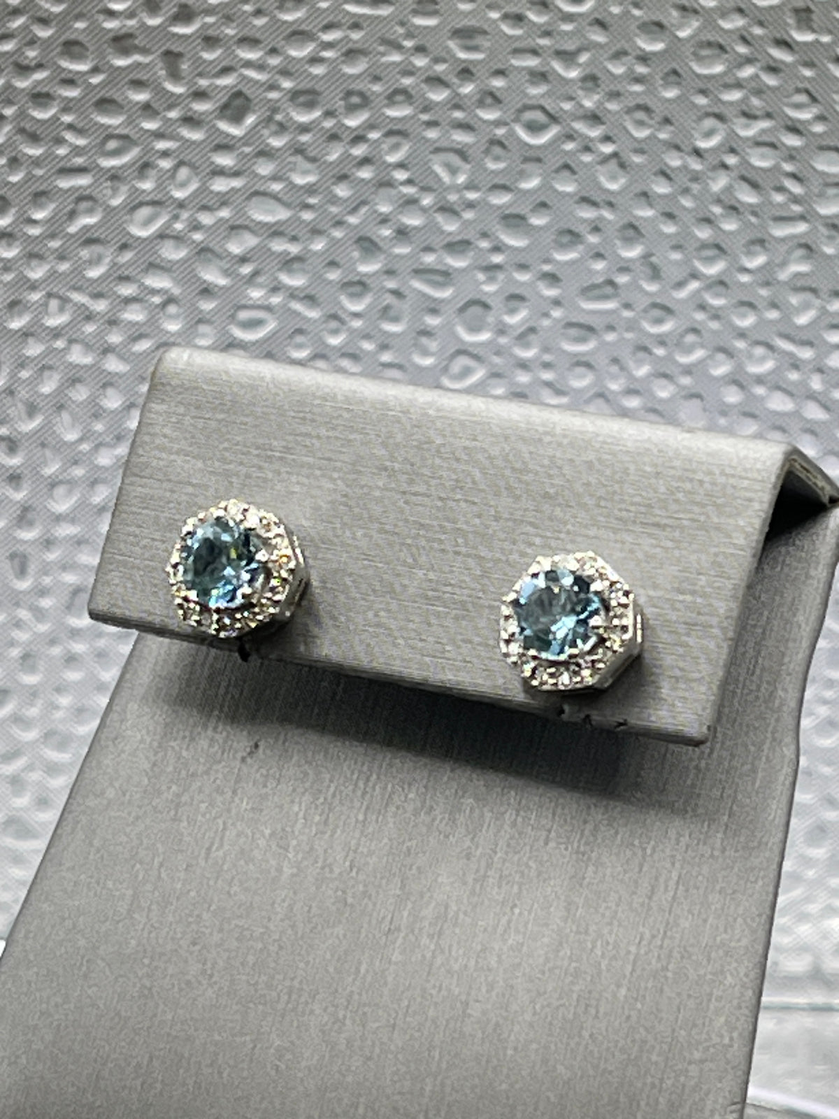 Ladies 14 Karat White Gold Aquamarine & Diamond Stud Earrings