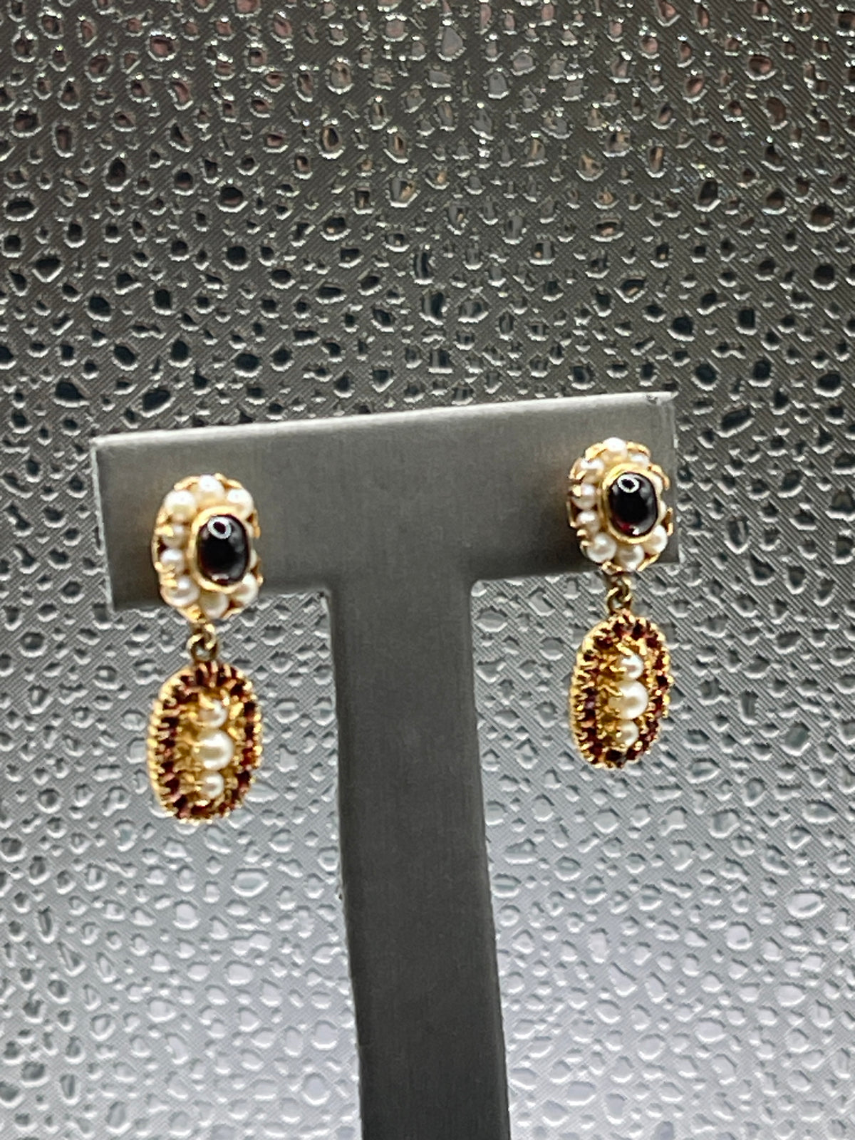 View one of Ladies Antique 14 Karat Solid Yellow Gold Cabochon Garnet and Pearl Earrings