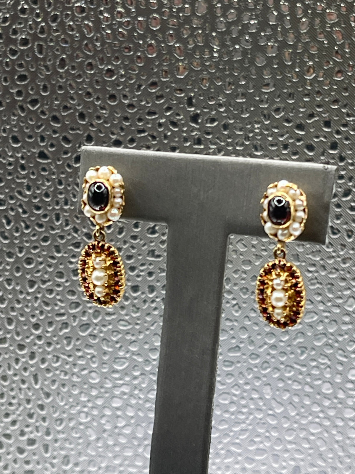 View three of Ladies Antique 14 Karat Solid Yellow Gold Cabochon Garnet and Pearl Earrings