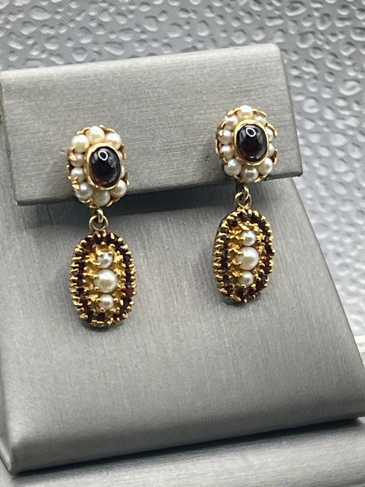 View five of Ladies Antique 14 Karat Solid Yellow Gold Cabochon Garnet and Pearl Earrings