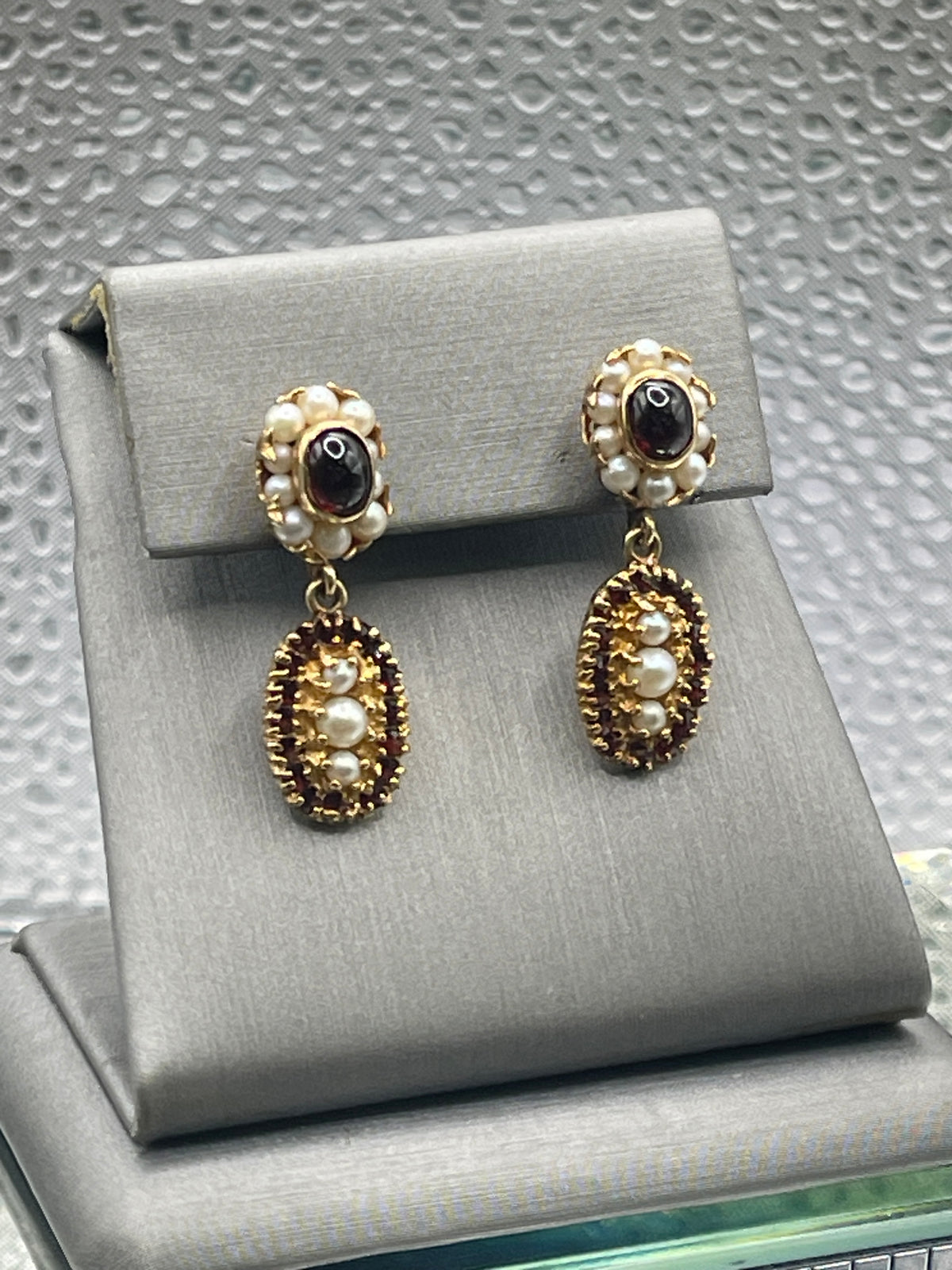 View eight of Ladies Antique 14 Karat Solid Yellow Gold Cabochon Garnet and Pearl Earrings