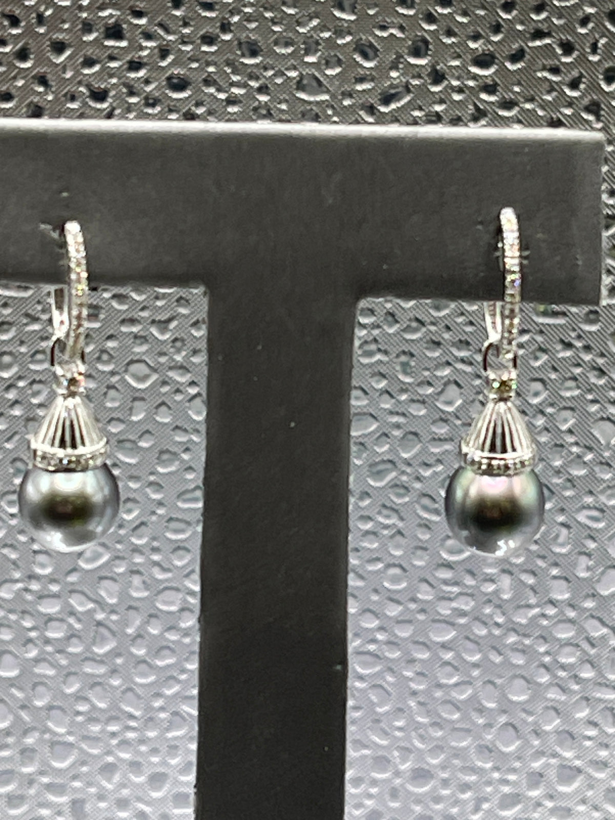 Ladies 18 Karat Solid White Gold Black Pearl and Diamond Dangling Earrings