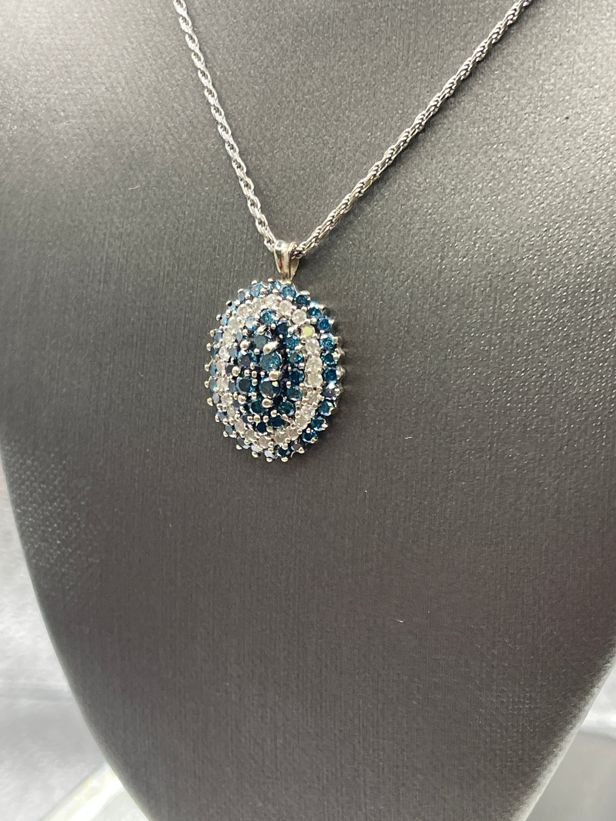 Ladies 14 Karat Solid White Gold Blue and White Diamond Pendant