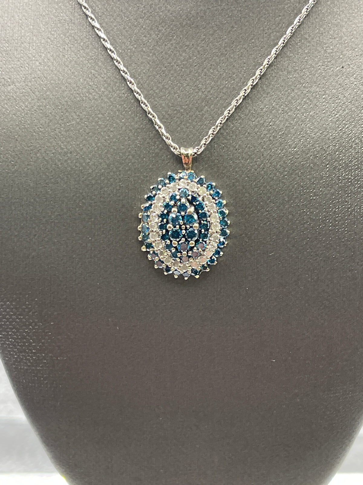 Ladies 14 Karat Solid White Gold Blue and White Diamond Pendant