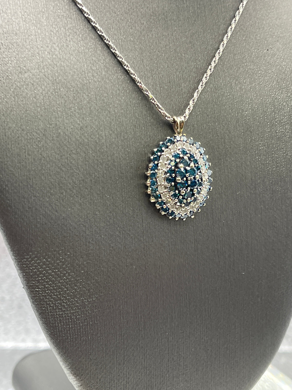 Ladies 14 Karat Solid White Gold Blue and White Diamond Pendant