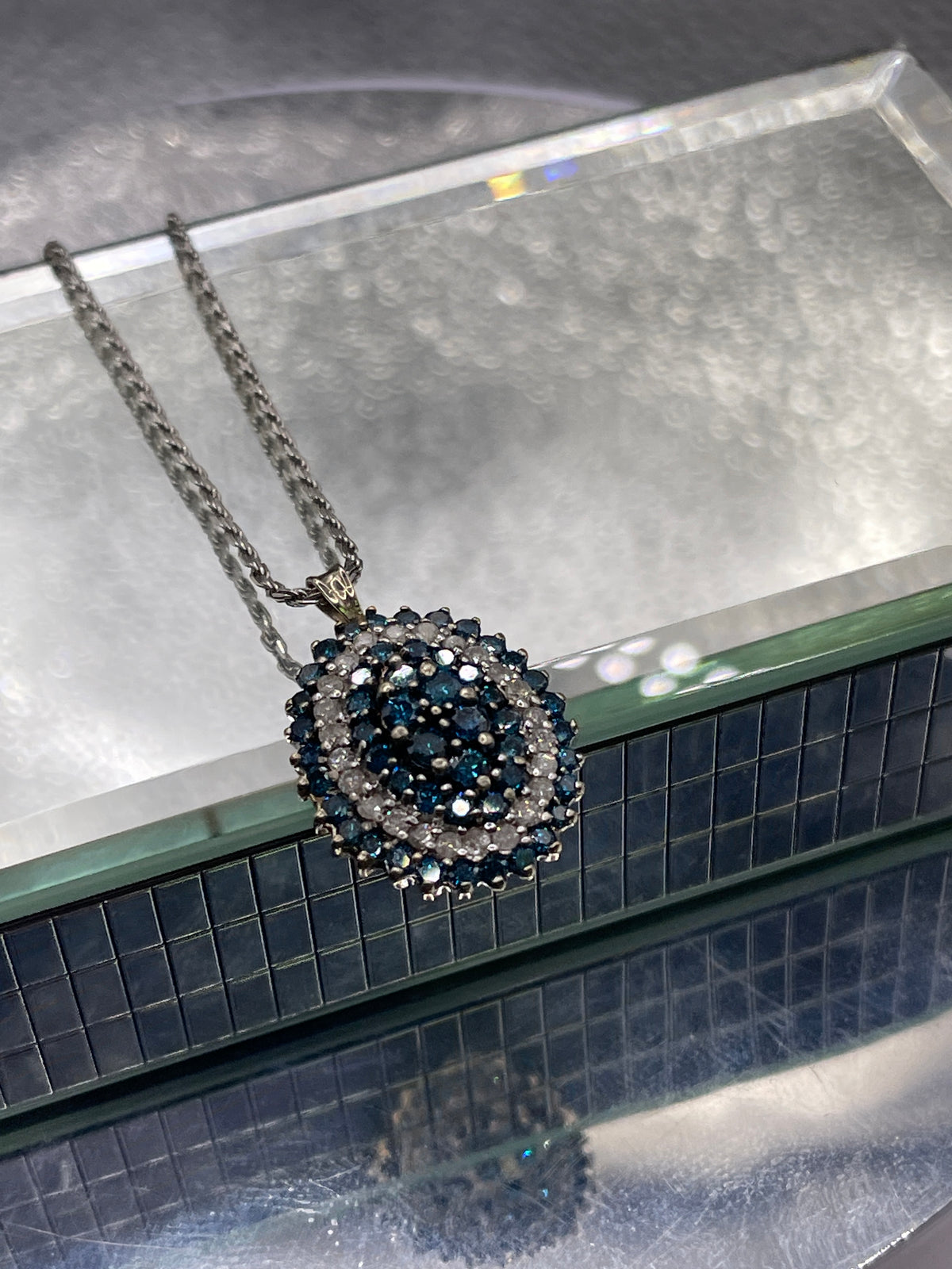 Ladies 14 Karat Solid White Gold Blue and White Diamond Pendant