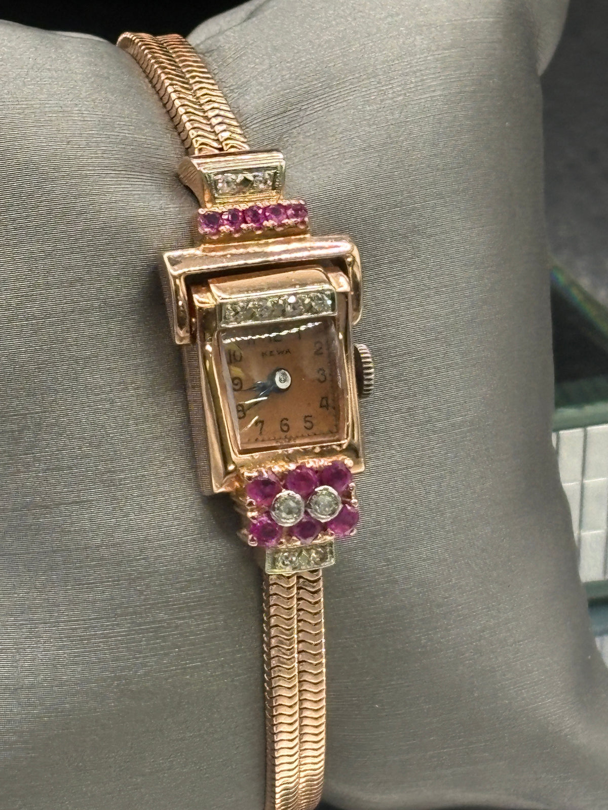 Vintage Art Deco Kewa 14kt Rose Gold Diamond and Ruby watch bracelet