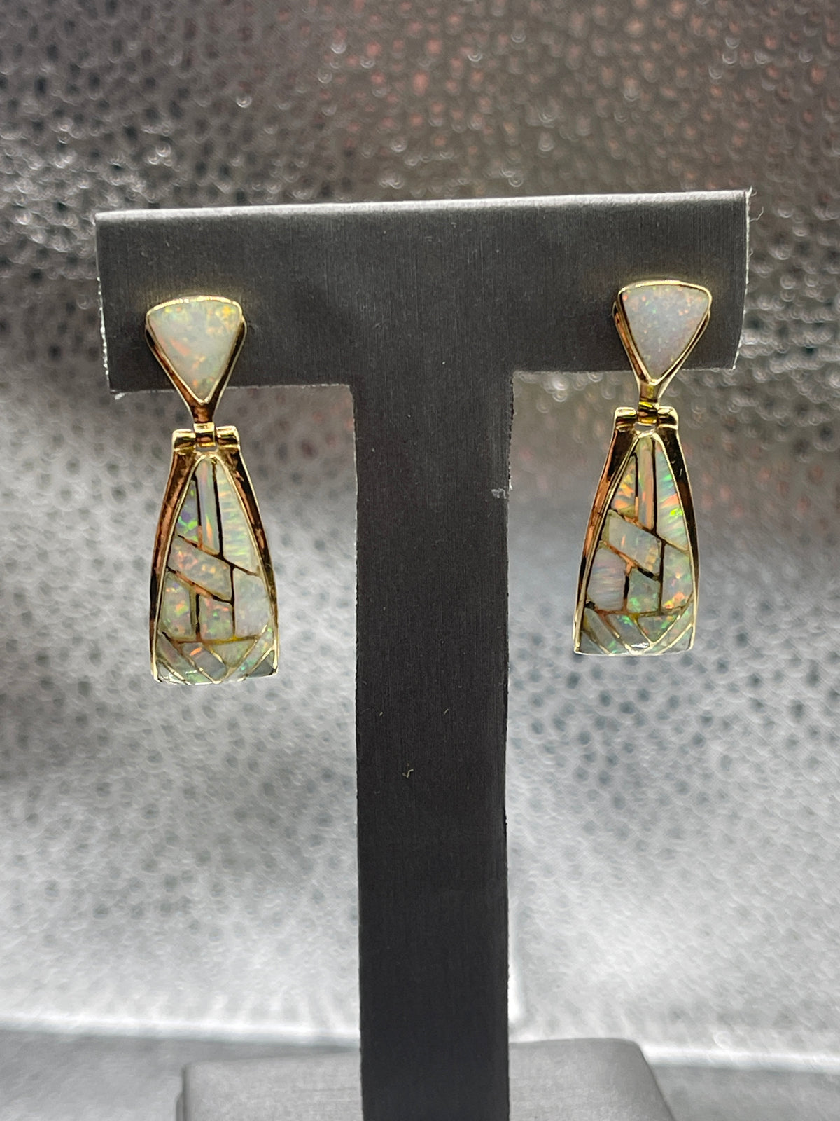 Ladies 14 Karat Solid Yellow Gold Opal Dangling Earrings