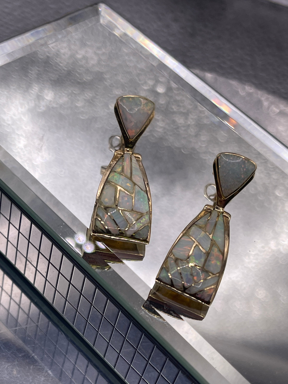 Ladies 14 Karat Solid Yellow Gold Opal Dangling Earrings