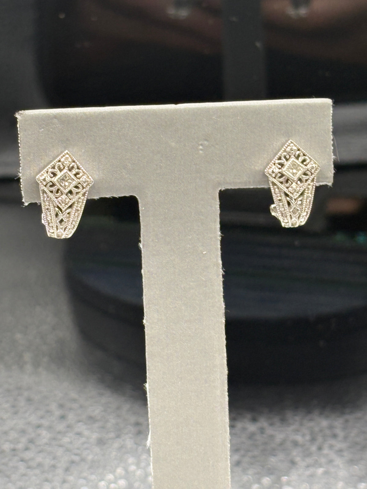 14kt Ladies white gold diamond filigree earrings with wire snapbacks