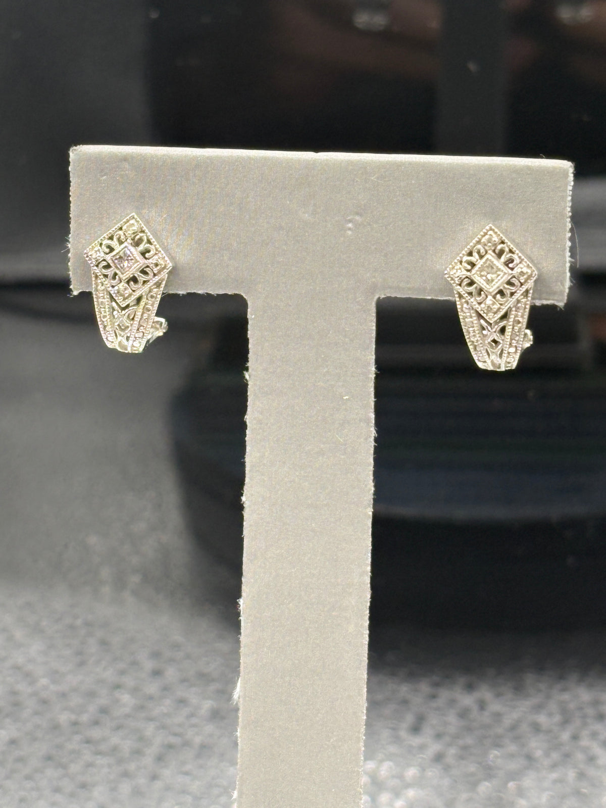14kt Ladies white gold diamond filigree earrings with wire snapbacks