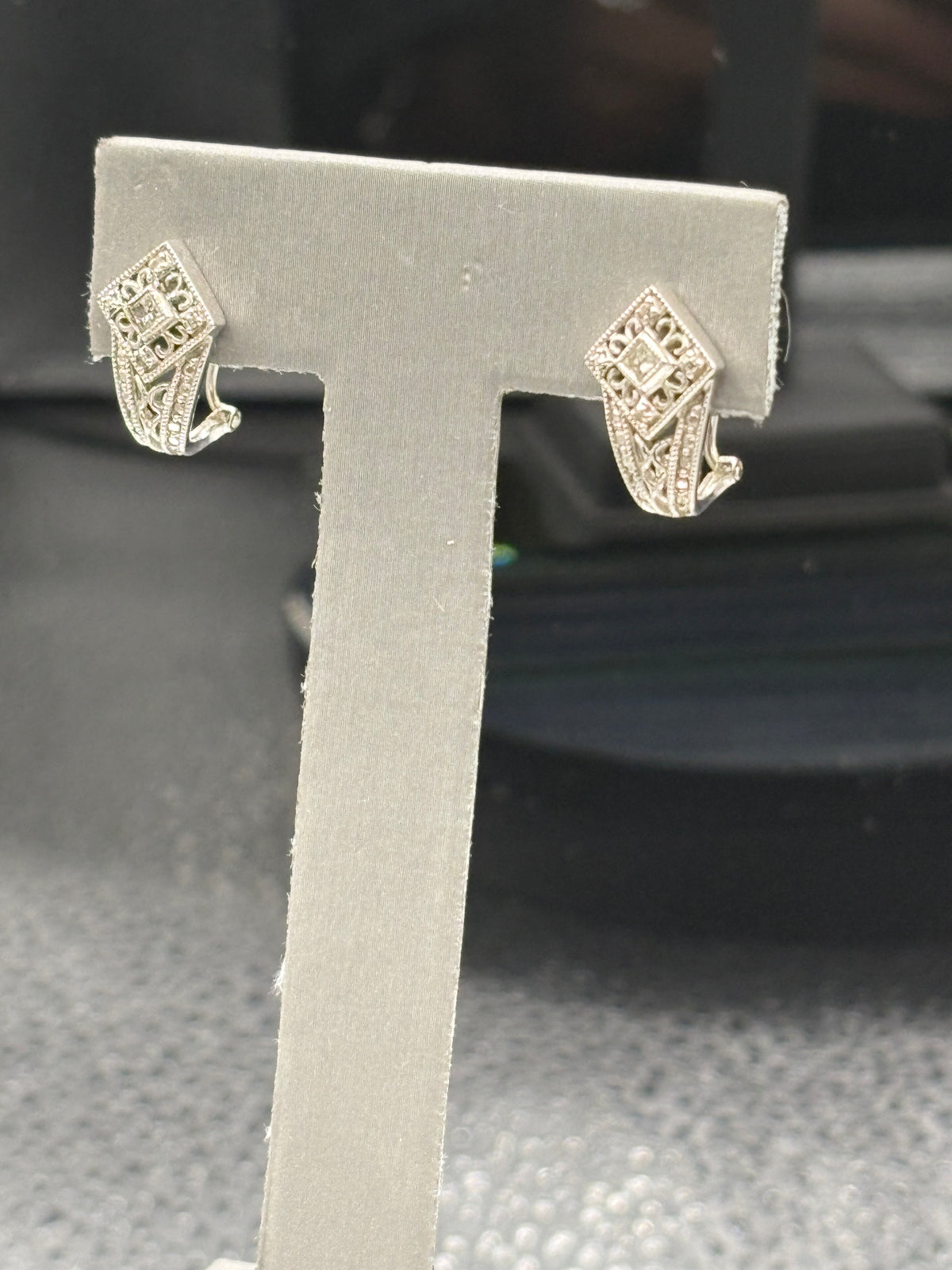 14kt Ladies white gold diamond filigree earrings with wire snapbacks