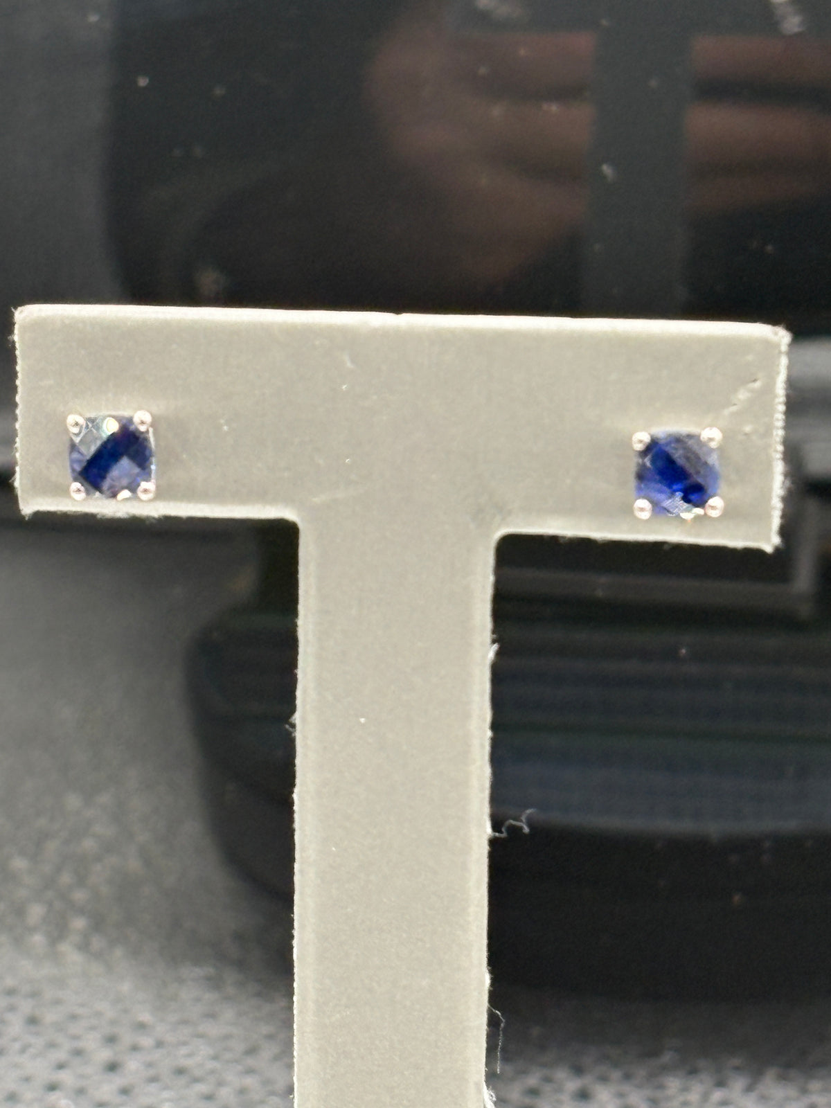 10kt solid white gold cushion cut sapphire with checkerboard design diamond stud earrings