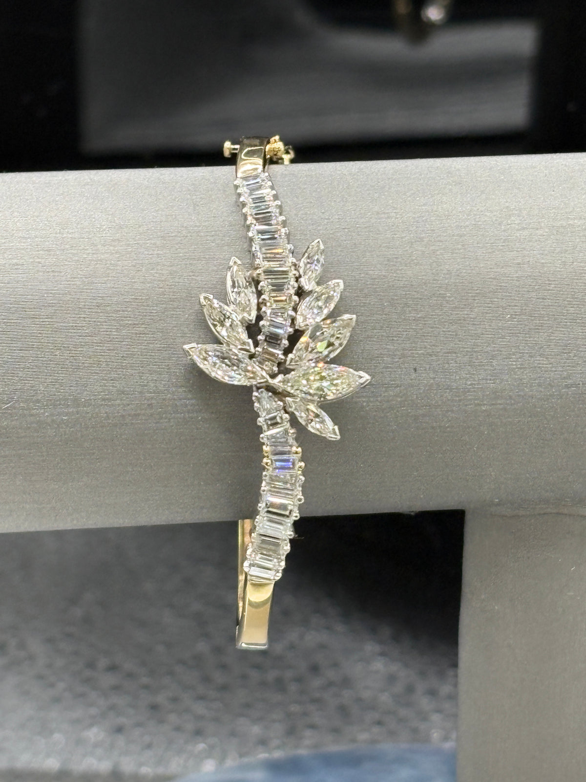 14kt yellow gold vintage diamond cuff bracelet with diamonds set in platinum