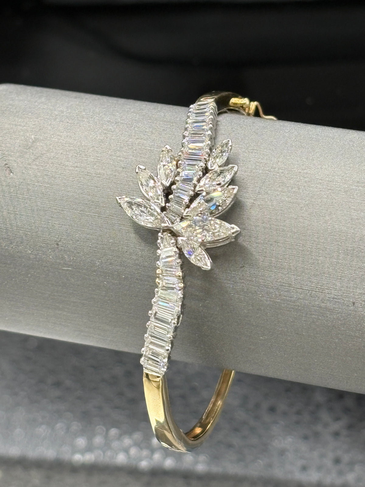 14kt yellow gold vintage diamond cuff bracelet with diamonds set in platinum