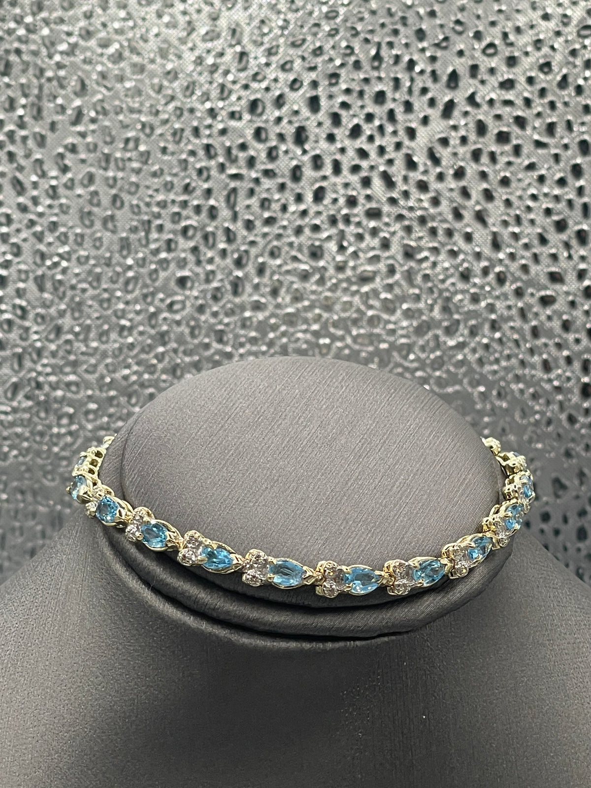 Ladies 14 Karat Yellow Gold Pear Blue Topaz & Diamond Bracelet