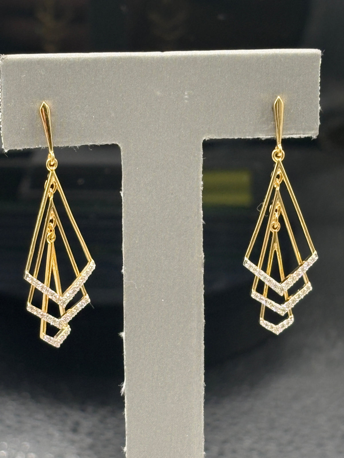 18kt Yellow gold ladies diamond dangling earrings with a geometric, kinetic shape with diamond accents