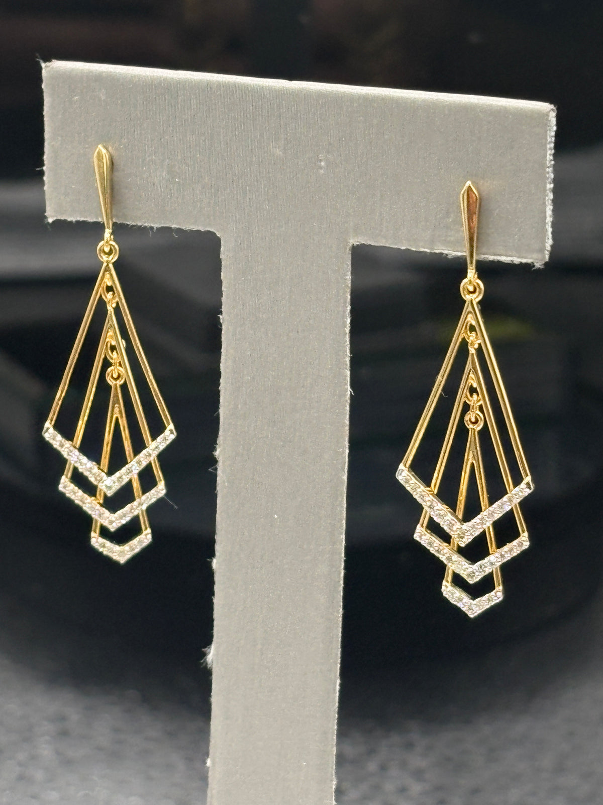 18kt Yellow gold ladies diamond dangling earrings with a geometric, kinetic shape with diamond accents