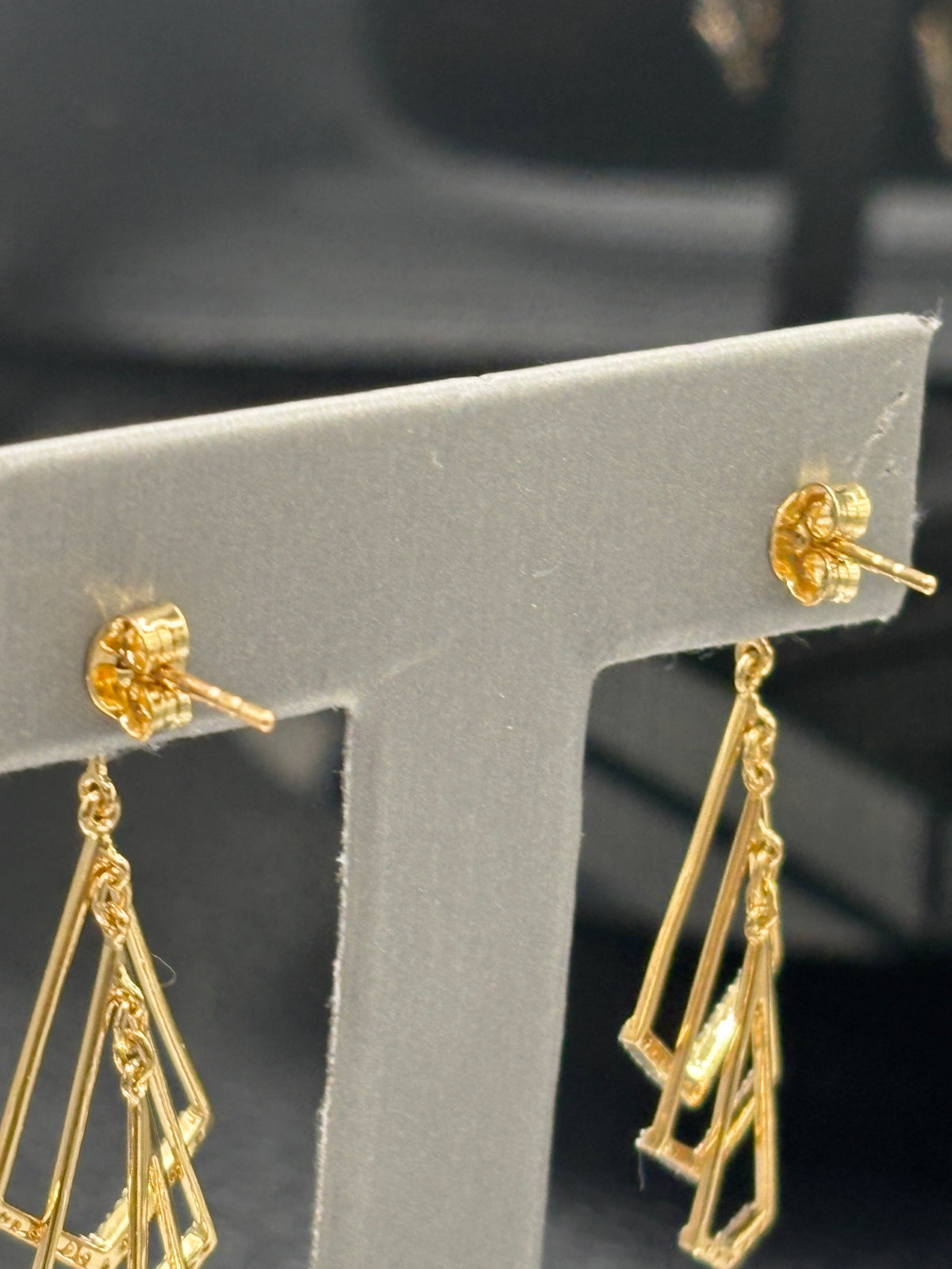 18kt Yellow gold ladies diamond dangling earrings with a geometric, kinetic shape with diamond accents
