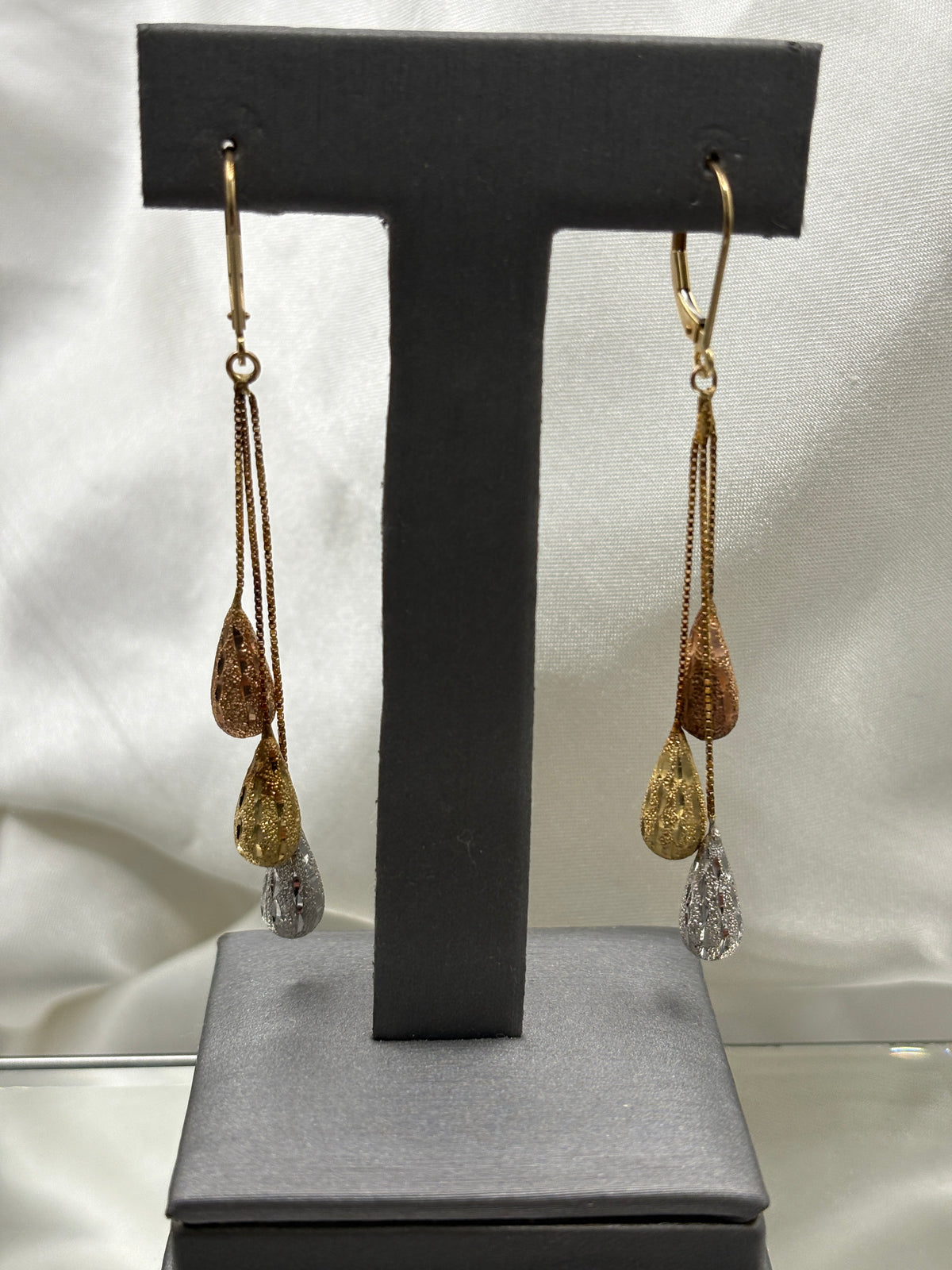 14kt Tri-color gold dangling teardrop earrings
