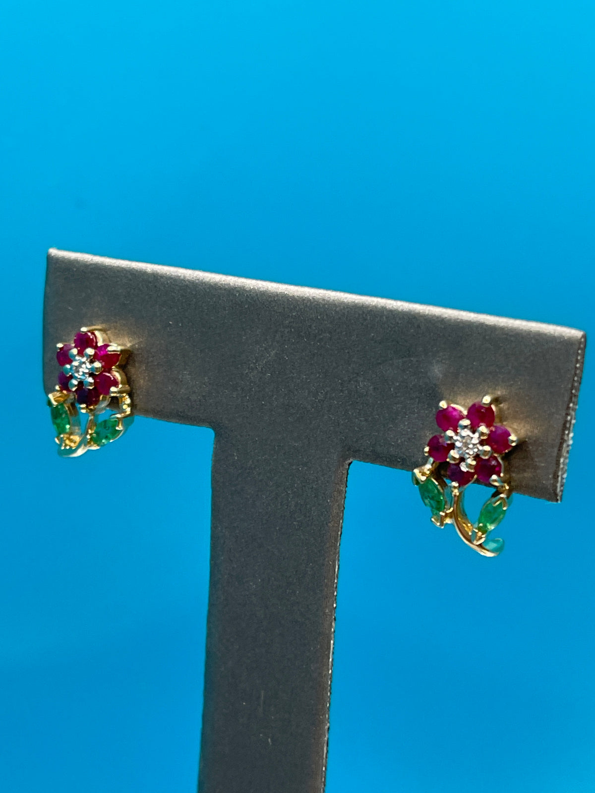 Ladies 14 Karat Gold Ruby Diamond & Emerald Floral Earrings