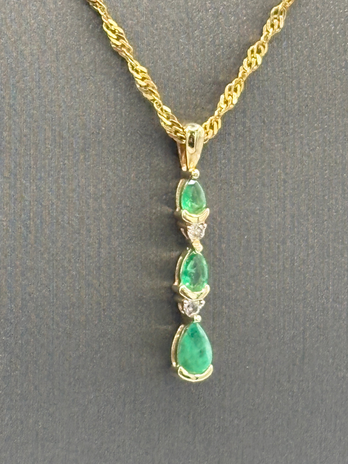 View two of Ladies 14 Karat Yellow Gold Teardrop Emerald & Diamond Pendant