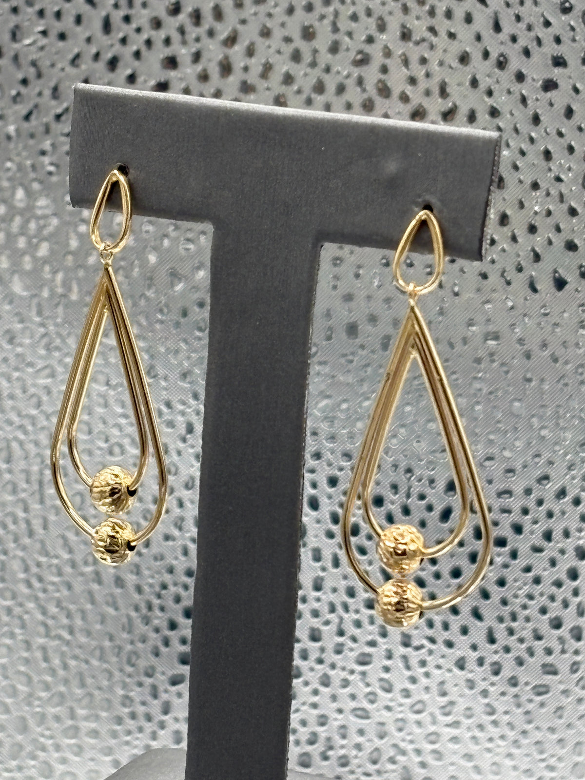Ladies Beautiful 14 Karat Yellow Gold Dangling Teardrop Ball Hoops