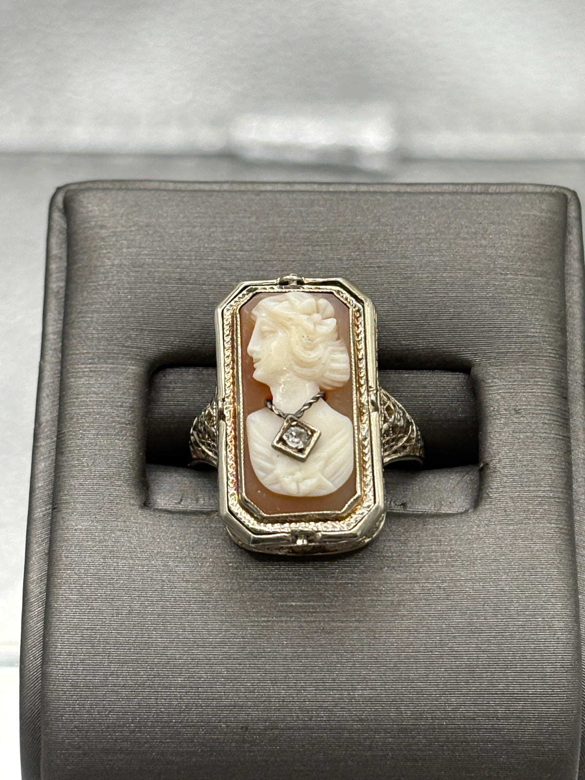 View one of Ladies Antique 14 Karat White Gold Two Sided Morning Ring
