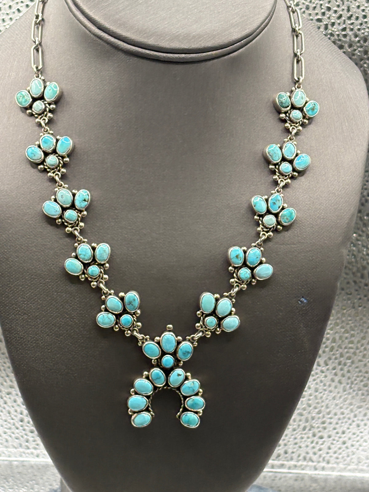 JTF Navajo Sterling Silver Blue Turquoise Squash Blossom Necklace