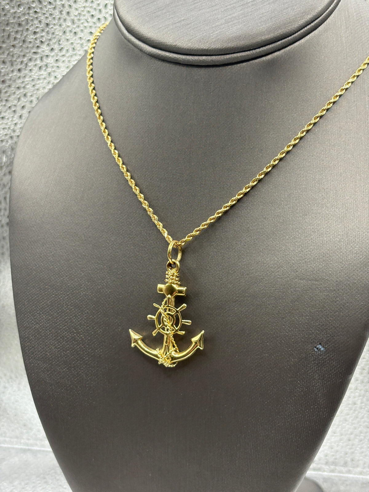 14 Karat Yellow Gold Anchor & Ship Wheel Pendant & Rope Chain