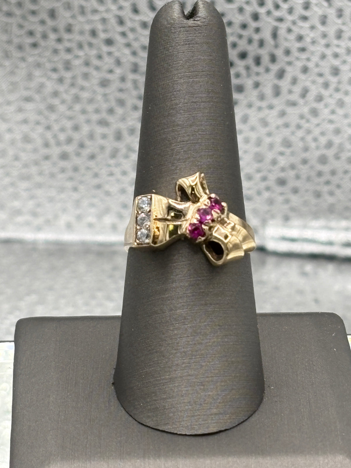 View one of Ladies Vintage 10 Karat Yellow Gold Diamond & Ruby Ribbon Ring